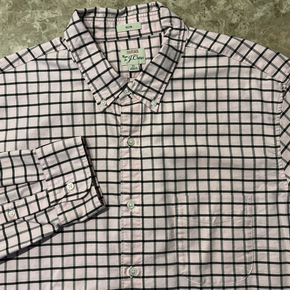 J Crew Shirt Mens XL Slim Pink Windowpane All Cotton Oxford Long Sleeve OCBD
